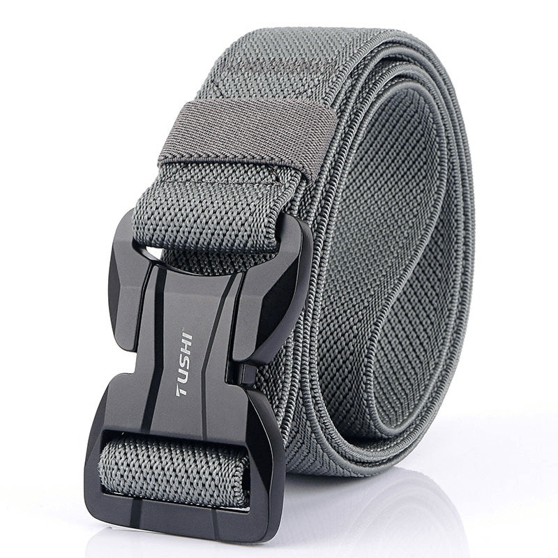 Men's elastic military belt in gray with a stylish magnetic buckle for quick release.