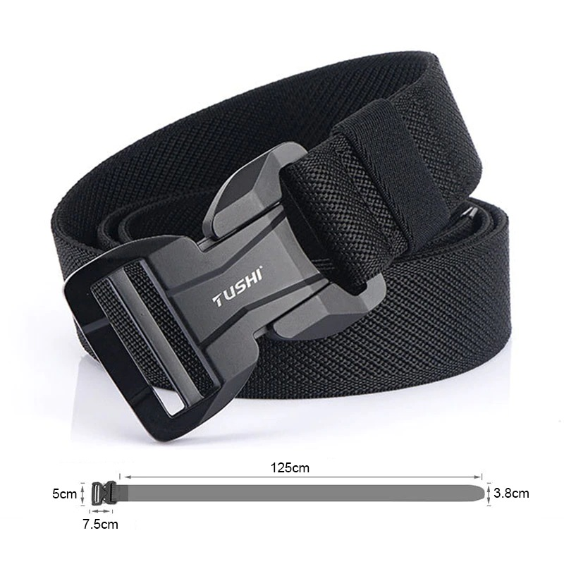 Men's black elastic belt with magnetic buckle and quick release feature, stylish and comfortable accessory.