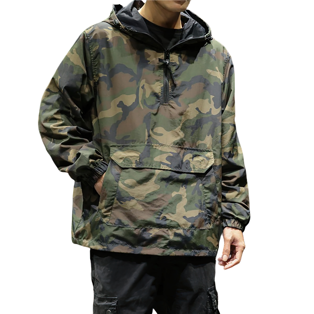 Men's military camouflage sweatshirt with hood, oversized stylish design for casual wear.