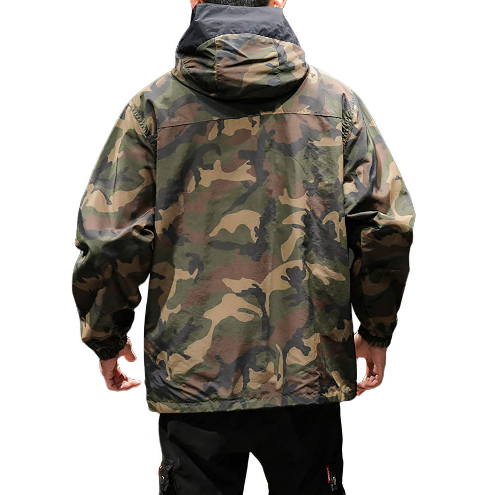 Men's military style camouflage sweatshirt with hood, oversized design, back view in trendy green print.