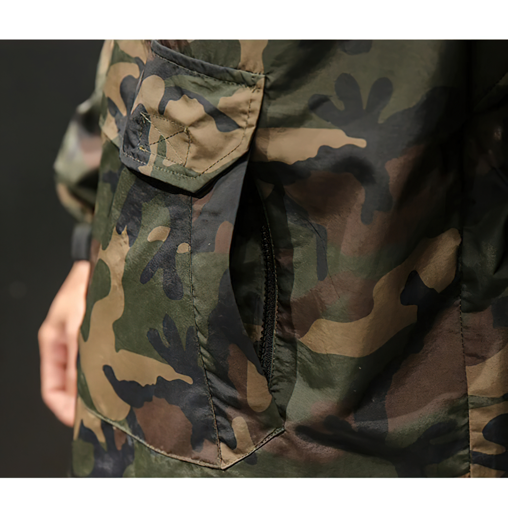 Close-up of men's military camouflage sweatshirt with side pockets and trendy design.