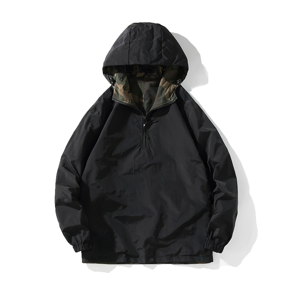 Men's military style camouflage sweatshirt with hood, trendy loose fit, perfect for casual wear.