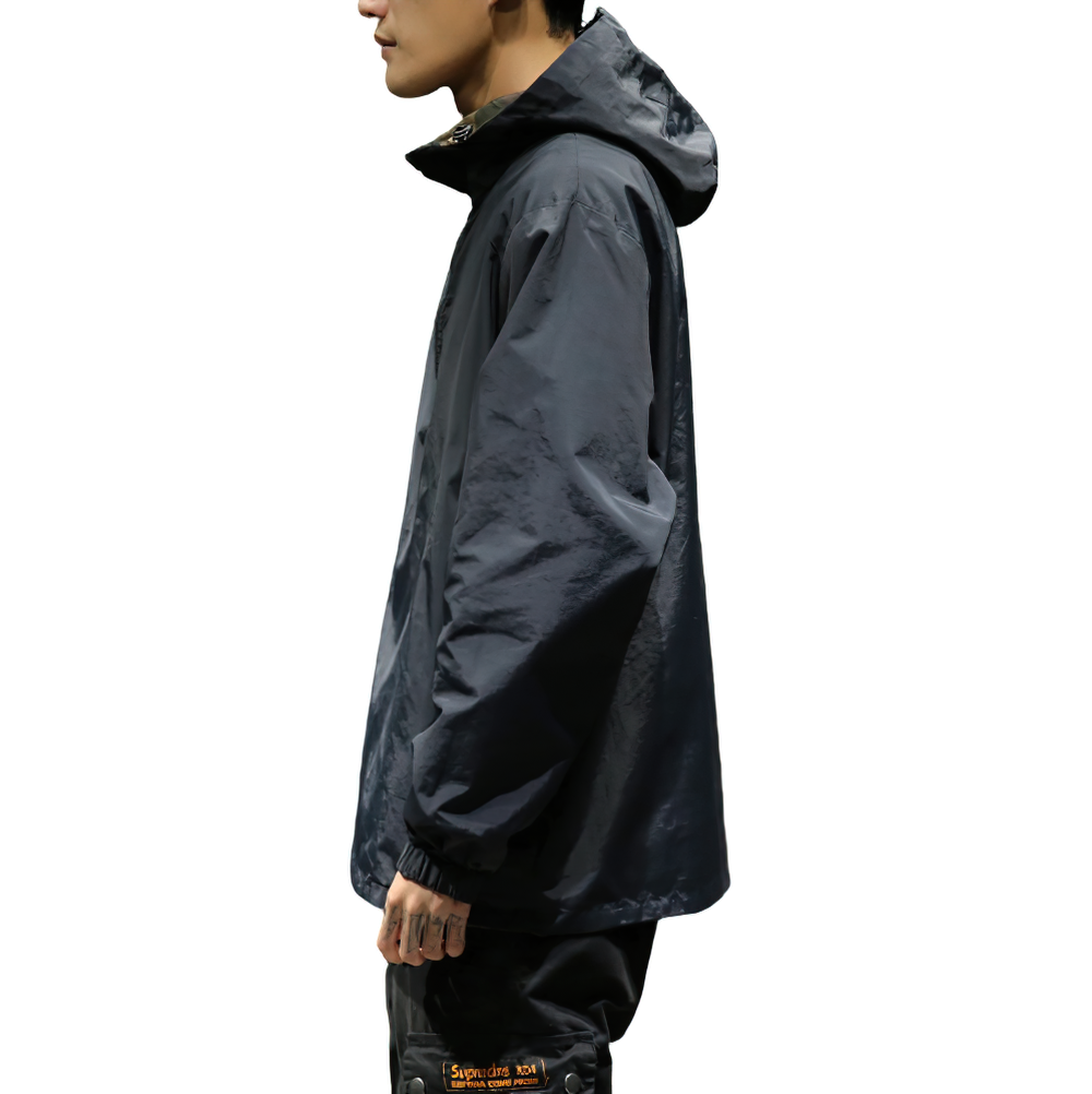 Men's stylish hooded jacket in dark color, featuring a relaxed fit ideal for casual wear.