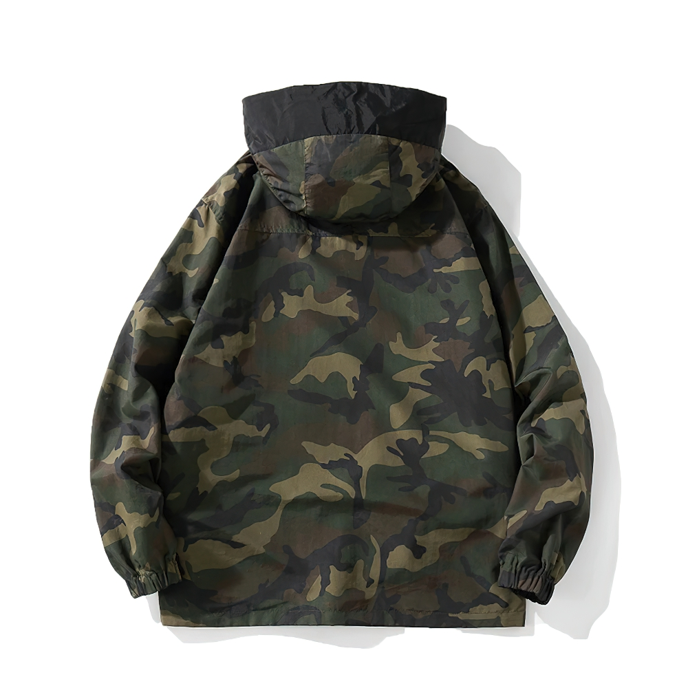 Men's military camouflage sweatshirt with hood, featuring trendy oversized cut and stylish print.