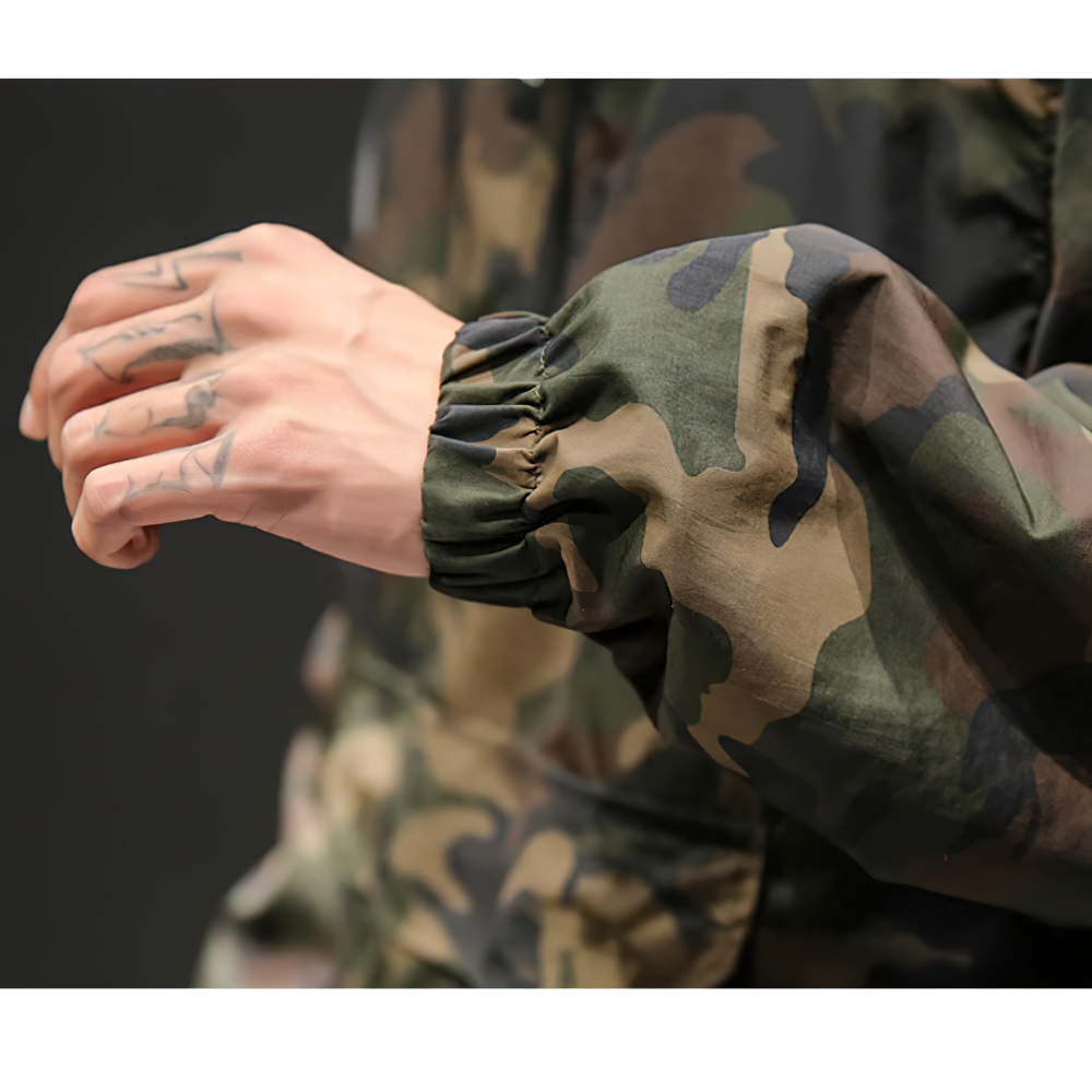Close-up of men's military camouflage sweatshirt sleeve showcasing trendy elastic cuff design.