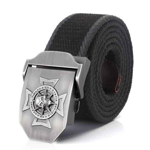 Stylish black waistband belt with a skull cross metal buckle, perfect for casual and military-style outfits.
