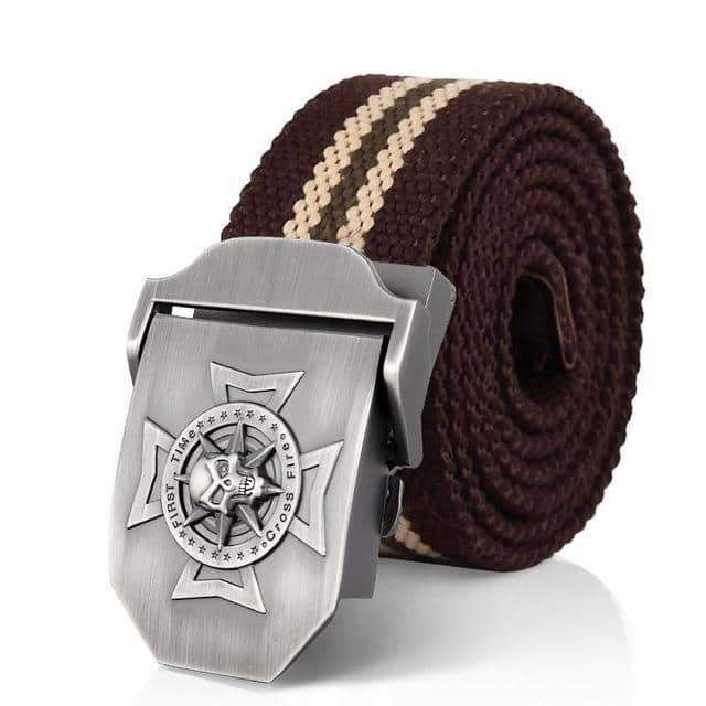 Military-style belt with metal buckle featuring firefighting emblem and striped fabric in dark brown and beige.