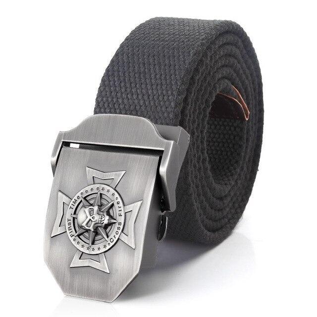 Waistband skull cross metal buckle black tactical belt, perfect for casual rock style outfits.