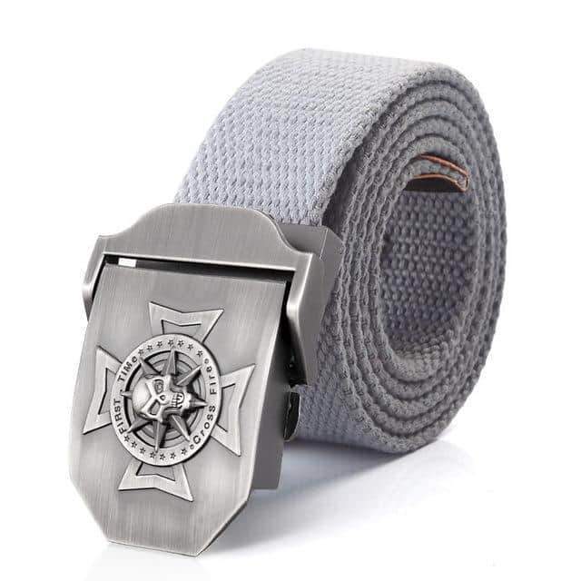 Waistband Skull Cross Metal Belt Buckle with gray fabric strap, perfect for rock style outfits and casual wear.