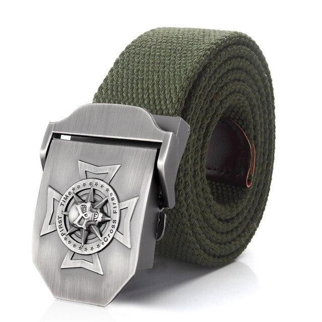 Military-style green belt with metallic star emblem buckle, perfect for casual outfits and tactical apparel.