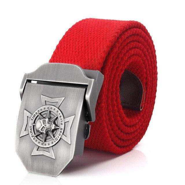 Red tactical belt with metal buckle featuring a unique star design for stylish casual outfits.