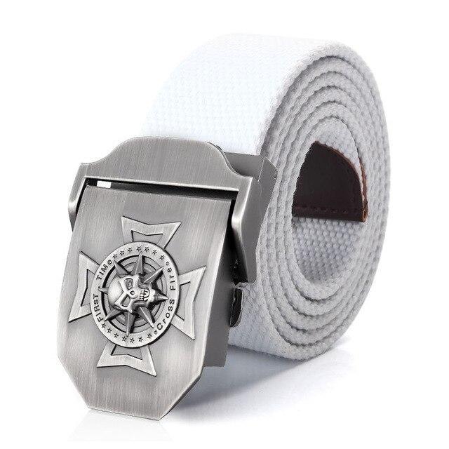 White military tactical belt with skull cross metal buckle, perfect for casual rock style outfits.