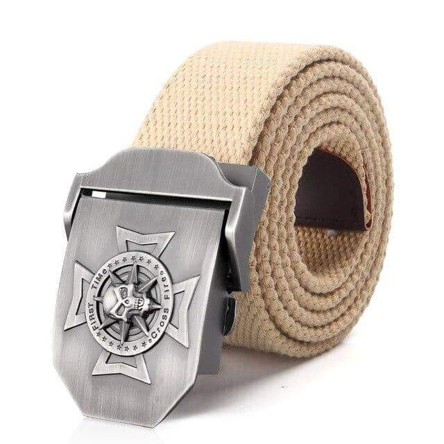 Waistband Skull Cross Metal Belt Buckle with military tactical style, featuring a stylish beige canvas strap.