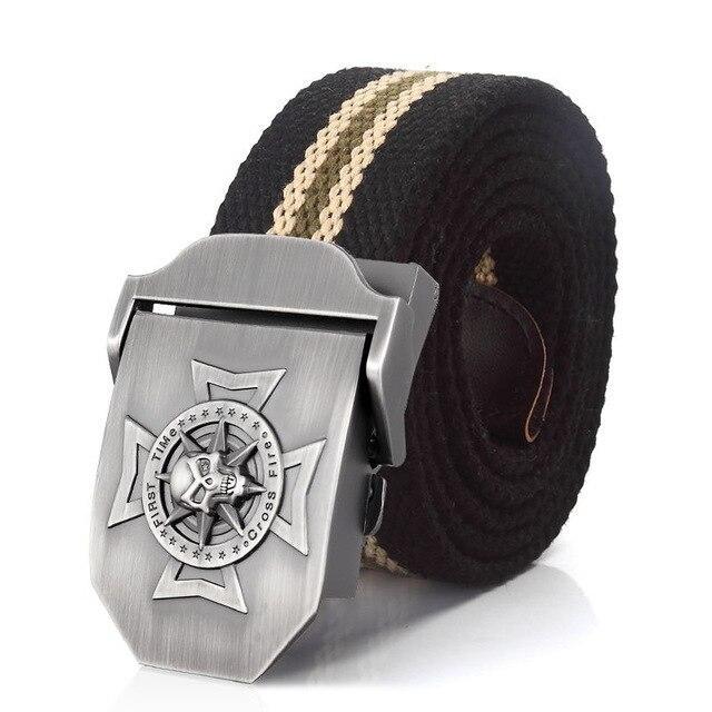 Waistband skull cross metal belt buckle with badge, stylish rock-inspired tactical belt in black and tan.