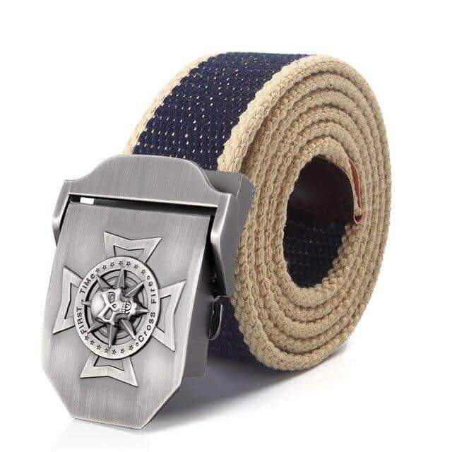Waistband Skull Cross Metal Belt Buckle with tactical fabric belt, stylish and rugged design for casual wear.
