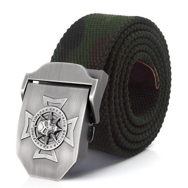Waistband Skull Cross Metal Belt Buckle with rugged camo strap, perfect for tactical style and casual outfits.