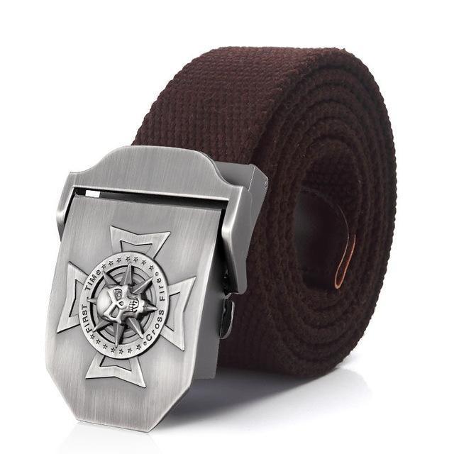 Waistband Skull Cross Metal Buckle belt in brown, featuring a detailed badge and rock style; perfect for military tactical fashion.