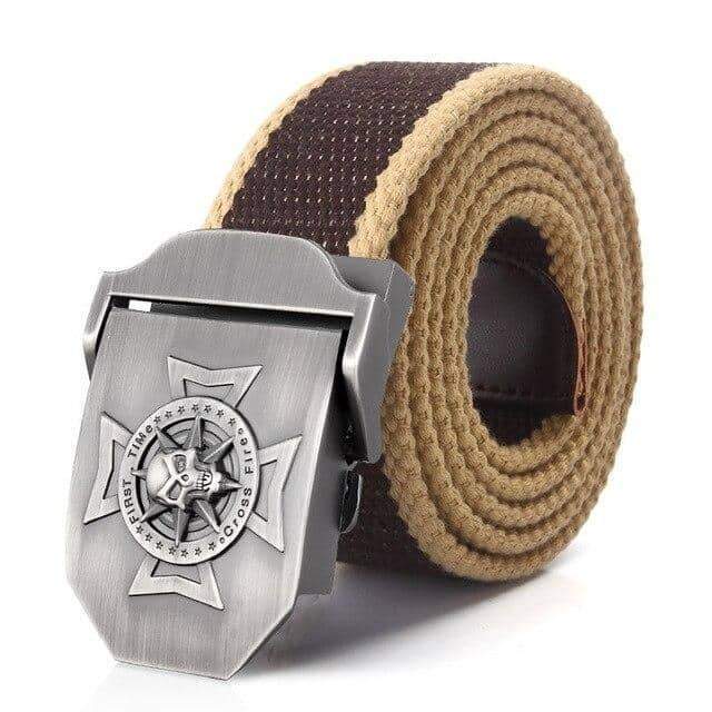 Stylish military tactical belt with a metal buckle featuring a skull cross design, perfect for rock style enthusiasts.