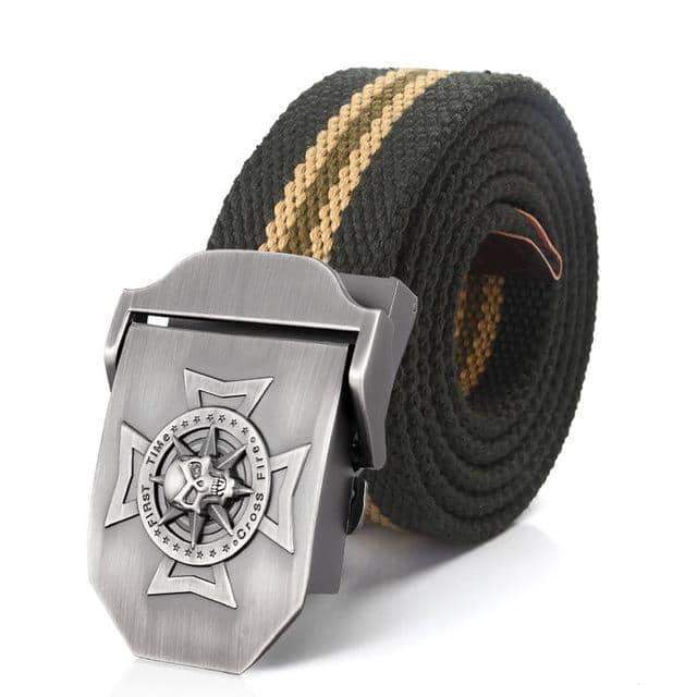 Waistband skull cross metal buckle on military tactical belt, featuring green and yellow stripes, perfect for rock style outfits.