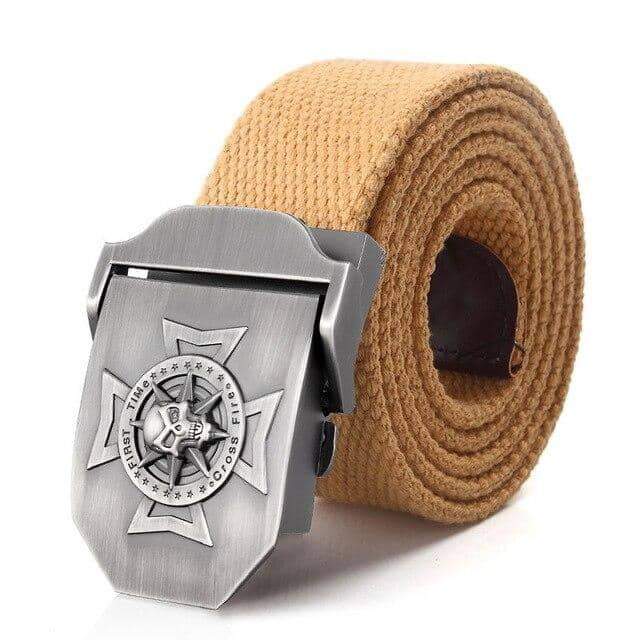 Waistband casual belt with metal skull cross buckle, stylish military tactical fashion accessory.
