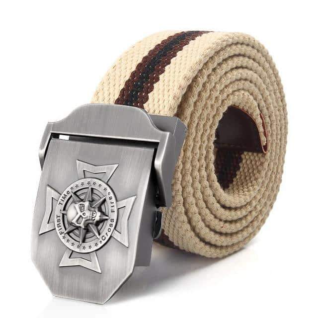 Waistband Skull Cross Metal Buckle belt in beige with brown stripes, ideal casual accessory in rock style.
