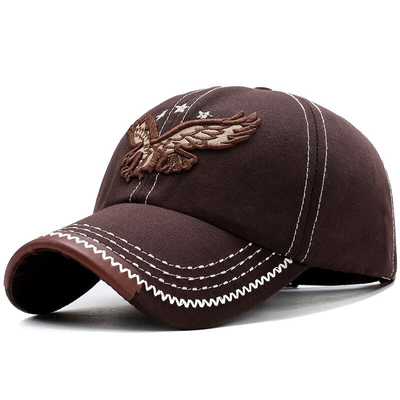 Brown military cap with 3D eagle embroidery, stylish strapback design for men and women.