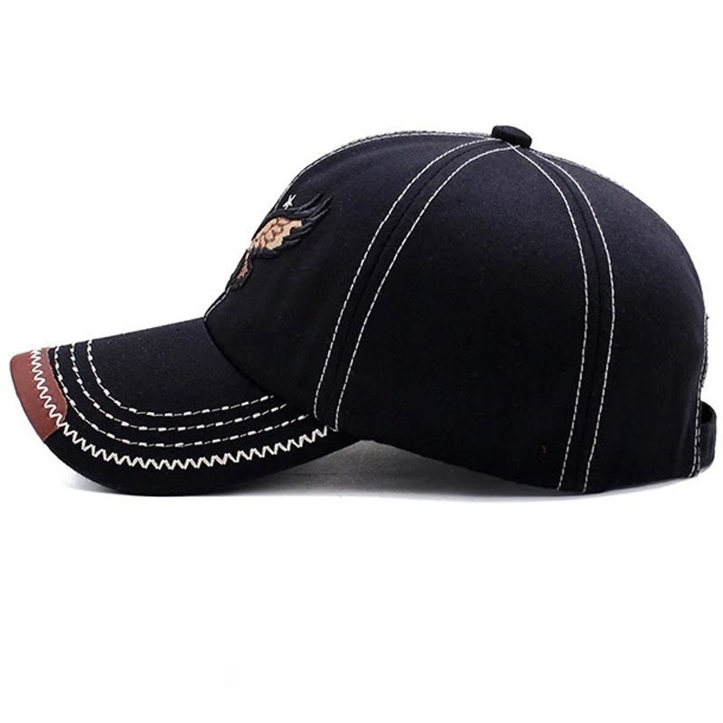 Side view of a black military cap with 3D eagle embroidery, perfect for casual outfits and protection from the sun.