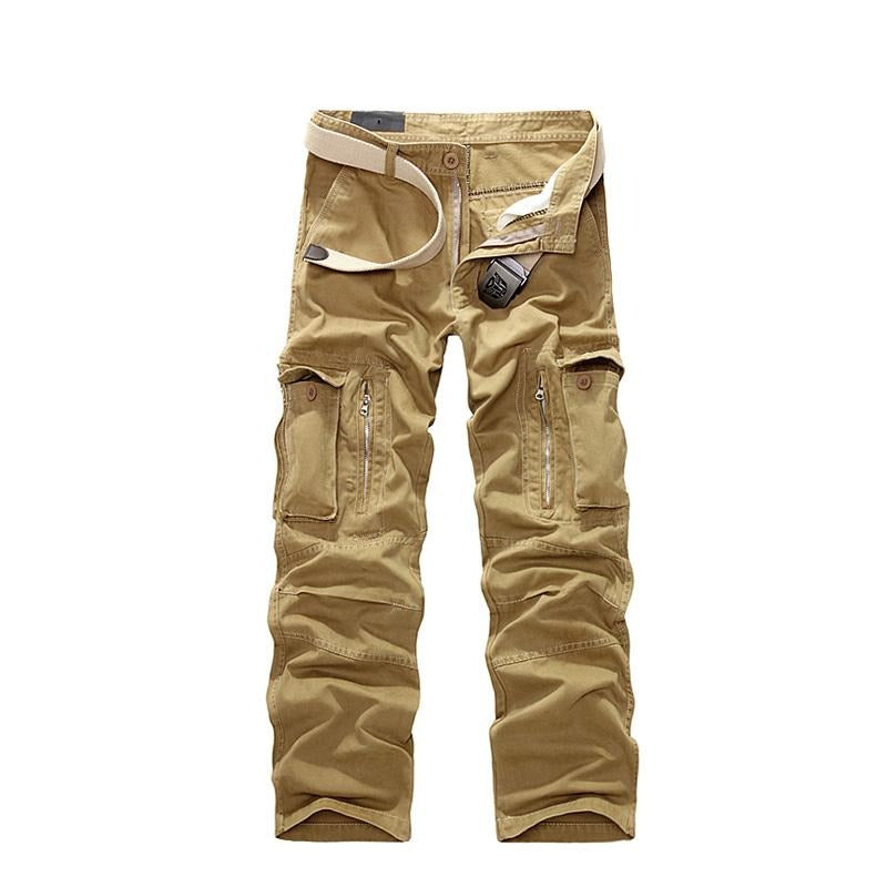 Men's military cargo pants in khaki, showcasing durable cotton fabric and multiple pockets for a rugged style.
