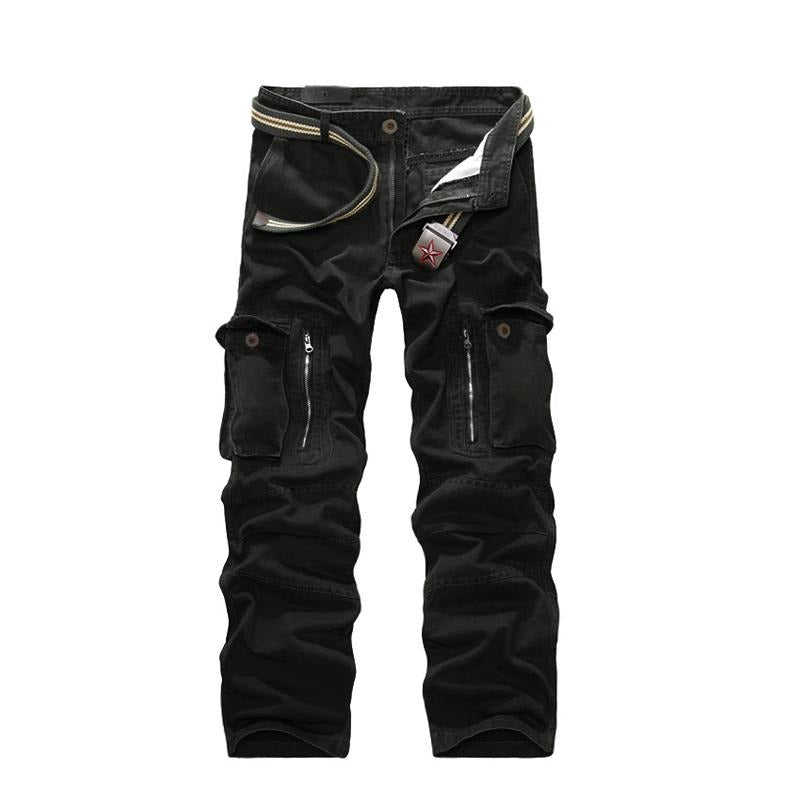 Men's military cargo pants in black, featuring multiple pockets and durable cotton fabric for style and comfort.