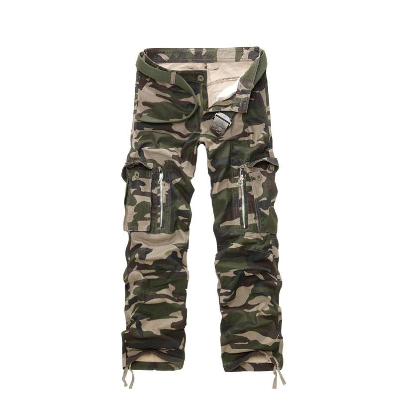 Men's military cargo pants in camouflage pattern, made from durable cotton and spandex for comfort and style.