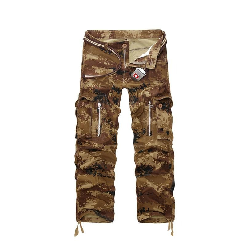 Men's military cargo pants in camouflage design, made of durable cotton, perfect for casual and punk style clothing.