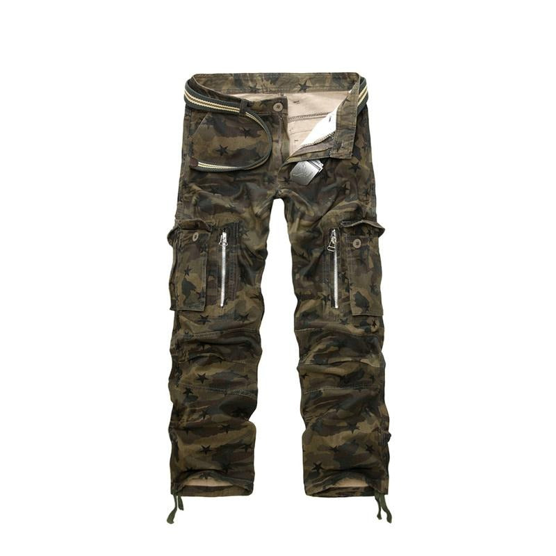 Men's military cargo pants in camouflage pattern, durable cotton trousers with multiple pockets, stylish punk clothing option.