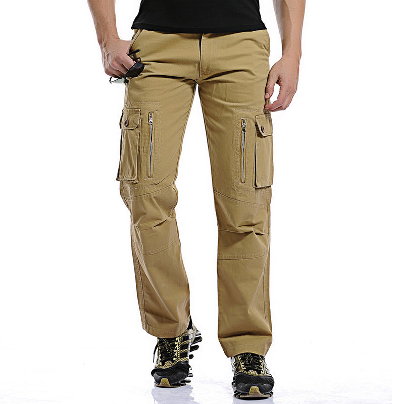 Men's Military Cargo Pants in beige, featuring multiple pockets and durable cotton fabric for comfort and style.