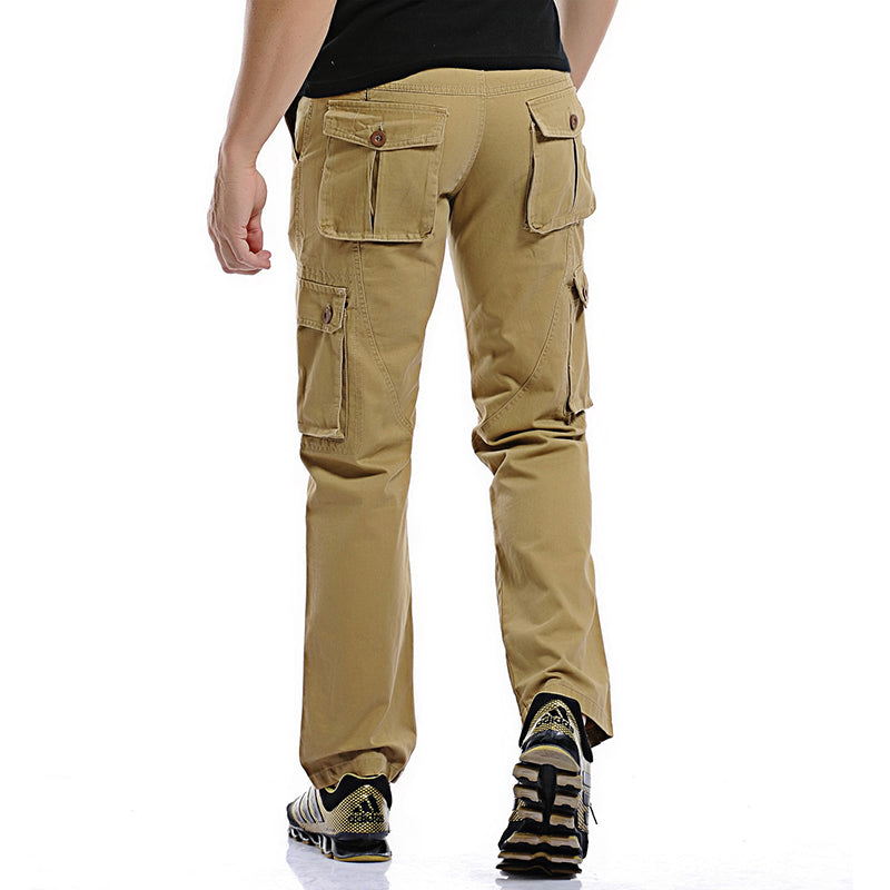 Men's military cargo pants in khaki, showcasing stylish design and functional back pockets.