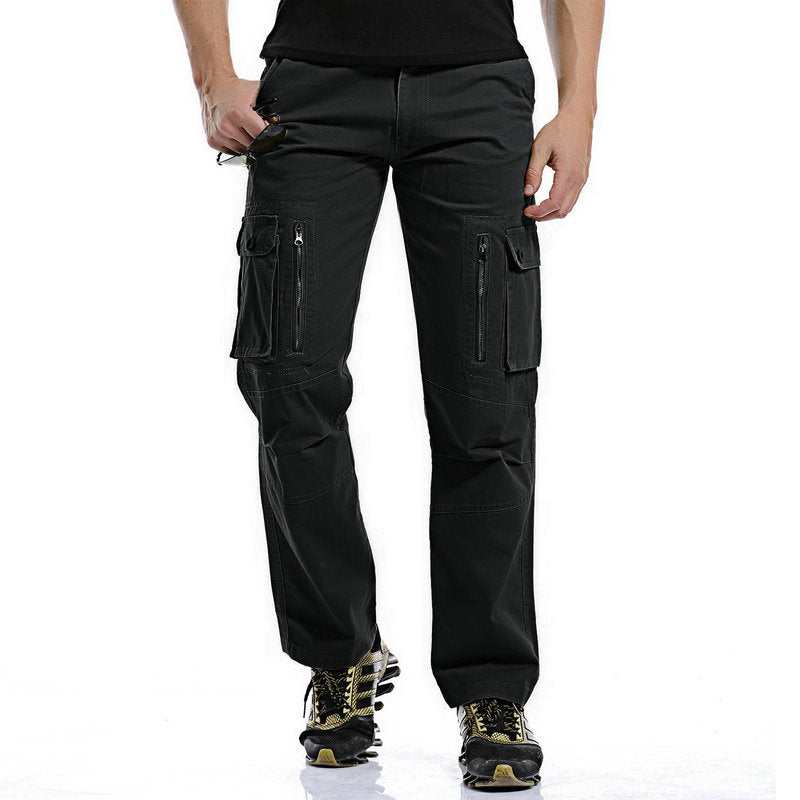 Men's military cargo pants in black, featuring multiple pockets and a comfortable fit, perfect for casual and outdoor wear.