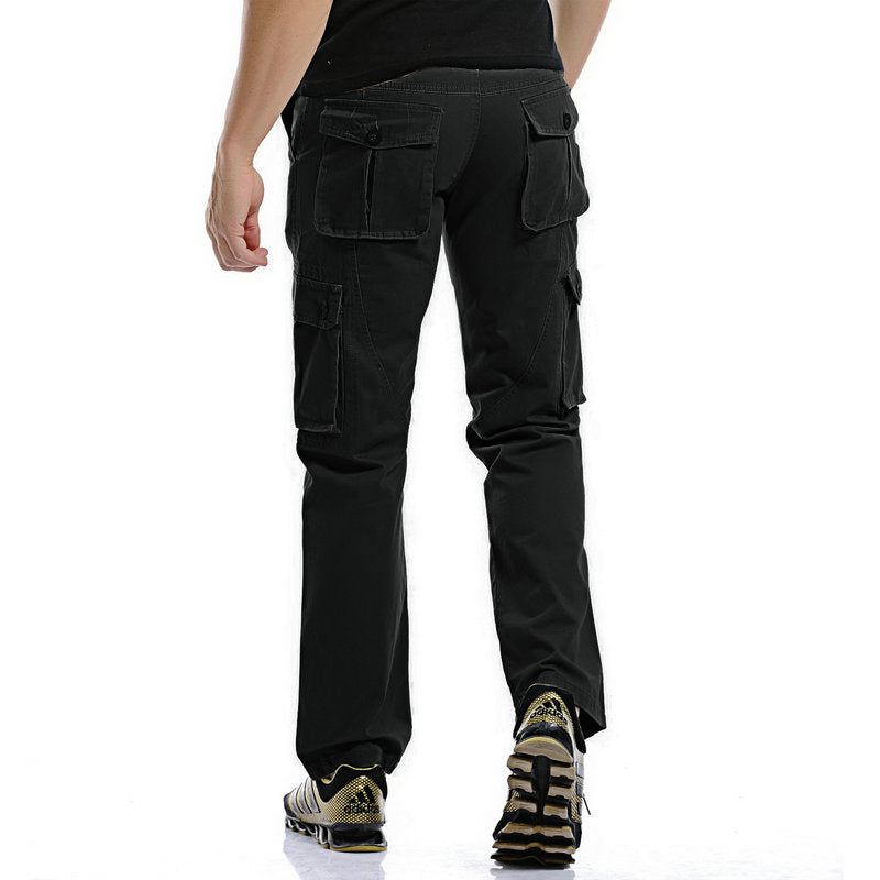 Rear view of men's military cargo pants in black, showcasing pockets and a relaxed fit, ideal for casual and punk clothing styles.