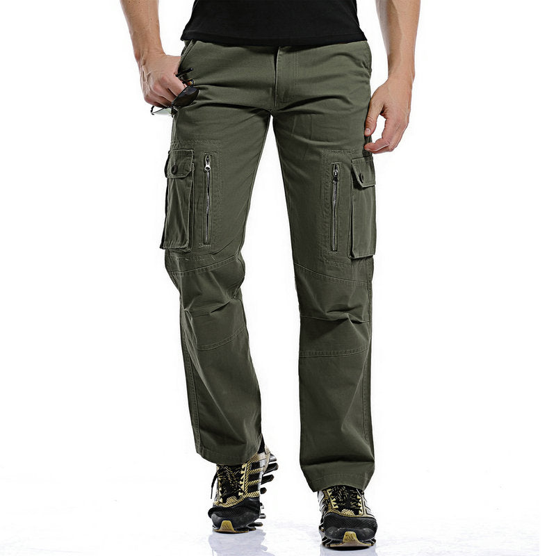 Men's military cargo pants in olive green, combining style and functionality with multiple pockets for casual wear.