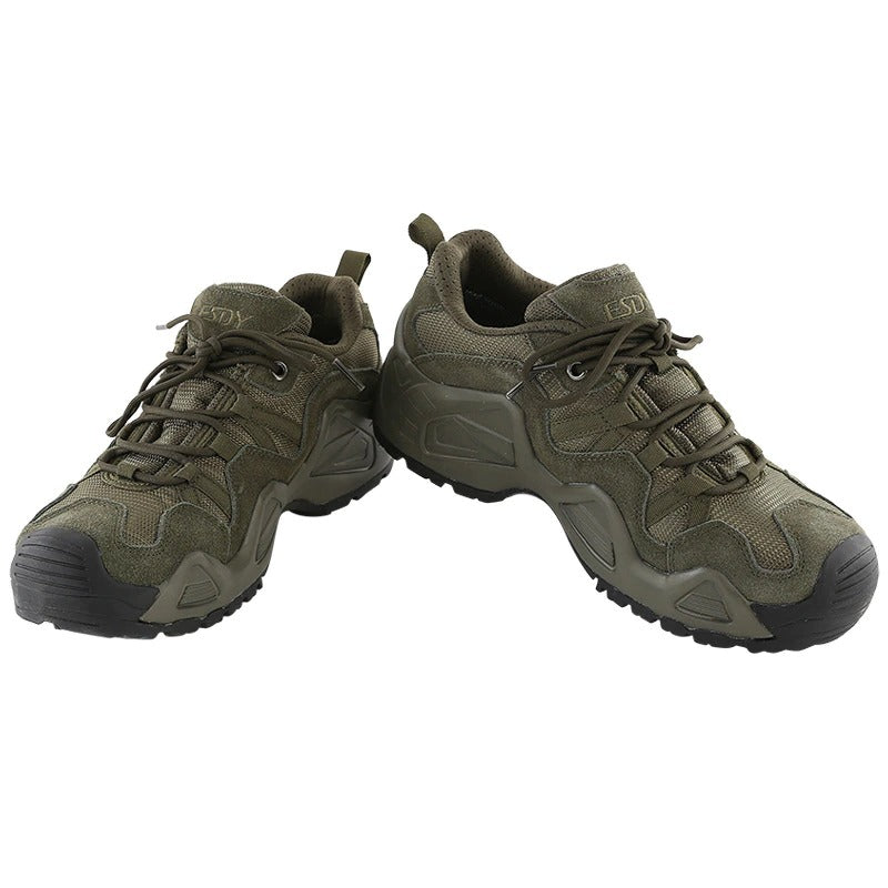 Men's military combat shoes in green, perfect for hiking with breathable mesh and non-slip comfort.