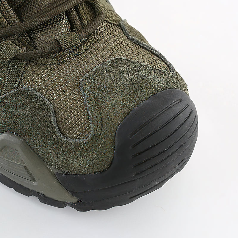 Close-up of men's military combat shoe in green, featuring breathable mesh for comfort and durability.