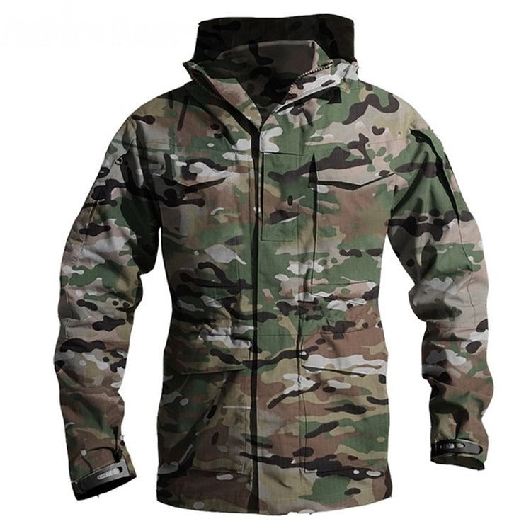 Men's military jacket in camo design, water-repellent, perfect for tactical or casual wear.