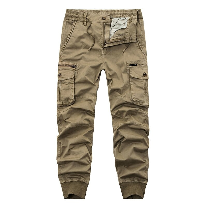 Men's military jogger pants in khaki with pockets, perfect for spring and autumn casual streetwear.