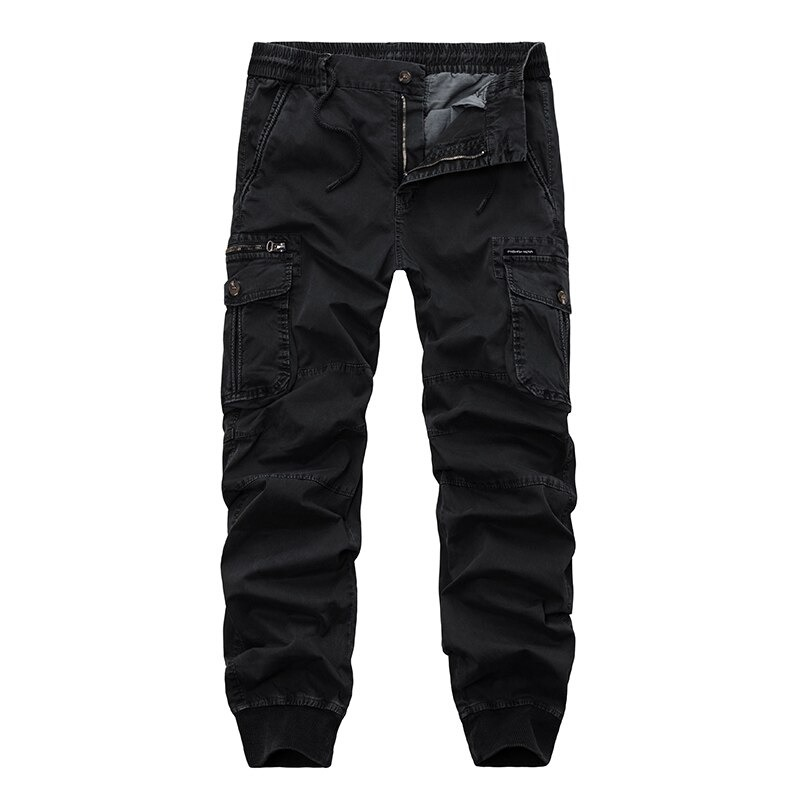 Black military jogger pants with pockets, perfect for casual streetwear and comfortable fit for men.