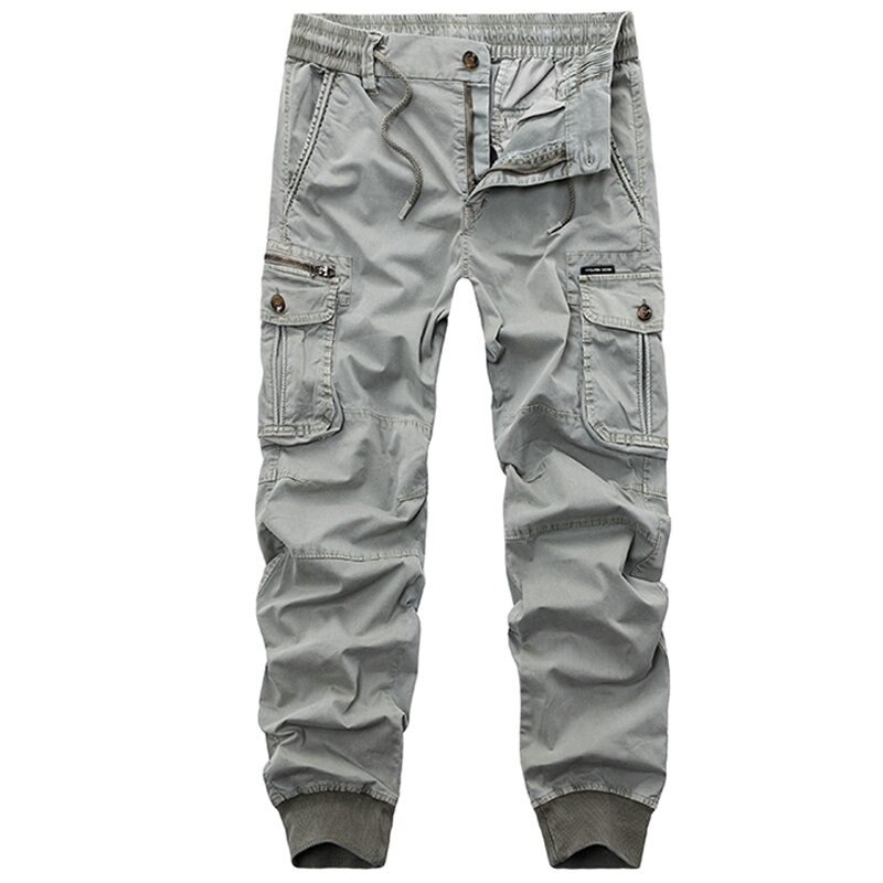 Military male jogger pants with pockets, casual elastic waist cargo style, perfect for streetwear and all-day comfort.