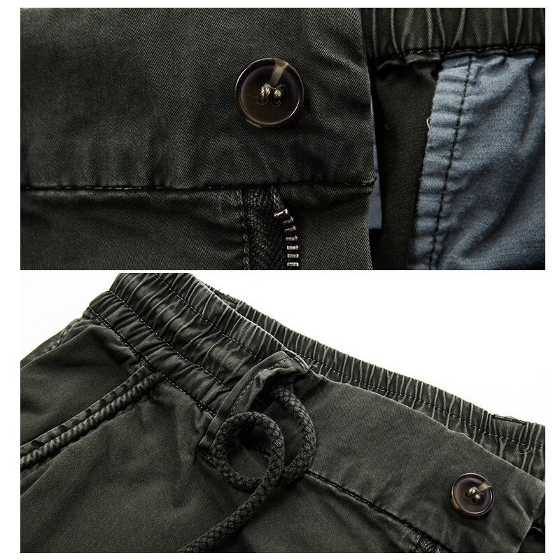 Close-up of military male jogger pants details showing pocket and elastic waistband.