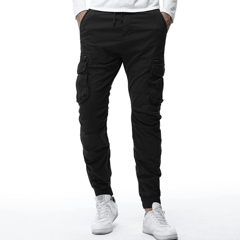 Military male jogger pants in black with pockets, perfect for casual streetwear and comfort during spring and autumn.