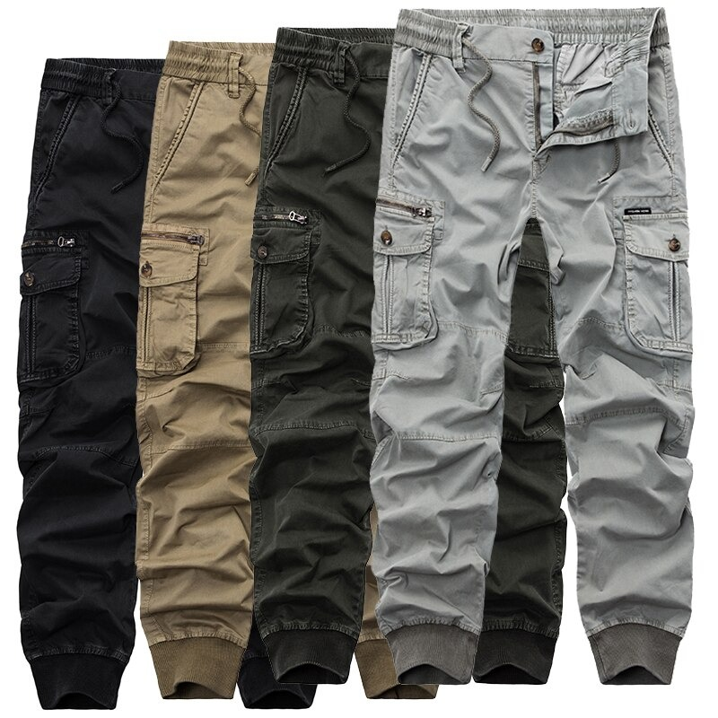 Military male jogger pants in black, beige, dark green, and grey with pockets for cool streetwear style.