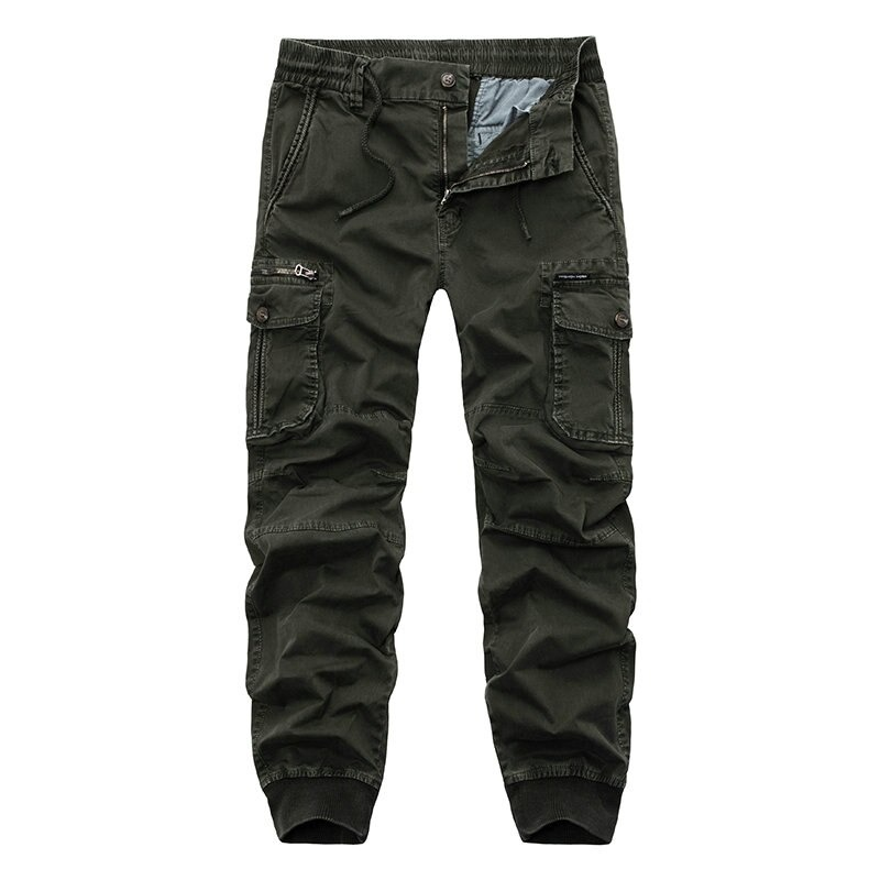 Military jogger pants for men in dark green, featuring pockets and an elastic waist, perfect for streetwear.