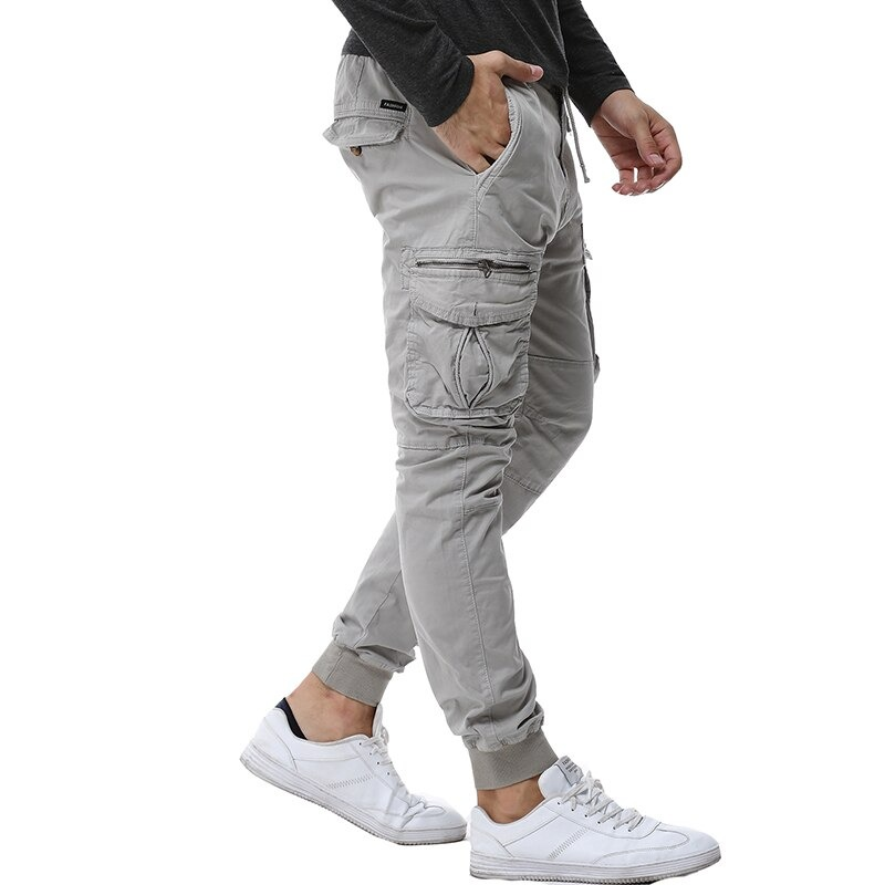 Men's military jogger pants in gray with pockets, perfect for casual streetwear and comfortable for spring and autumn.