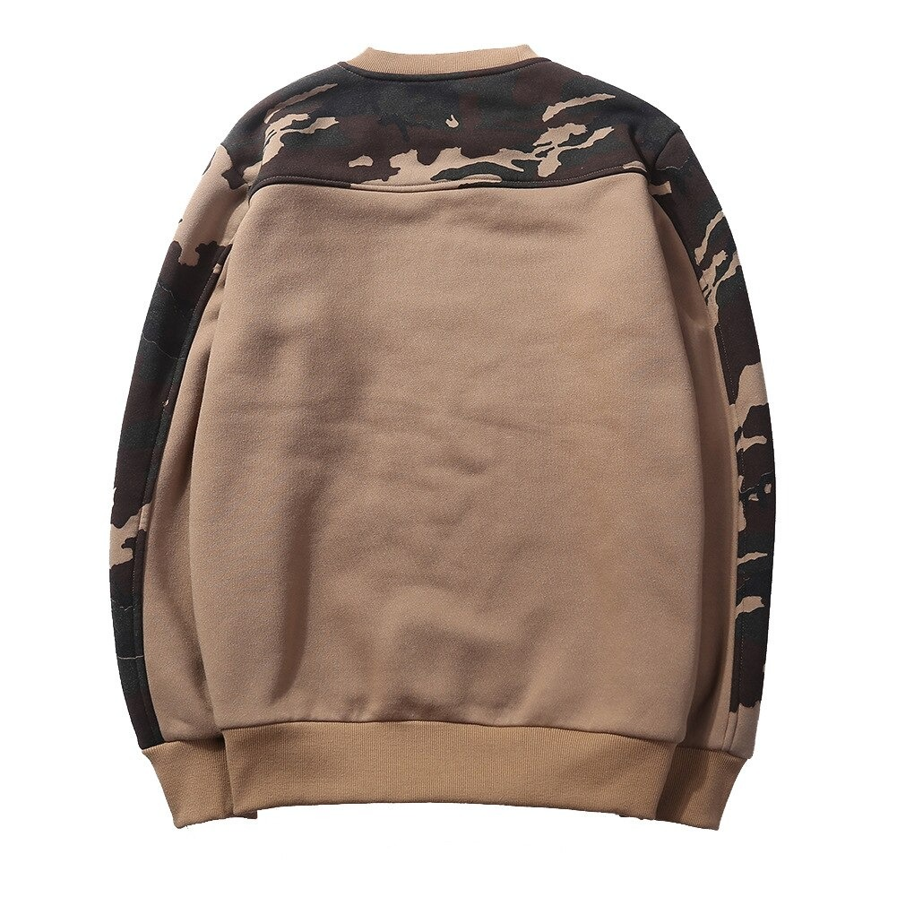 Men's camouflage sweatshirt back view, stylish military design in quality fabric, perfect for casual wear.