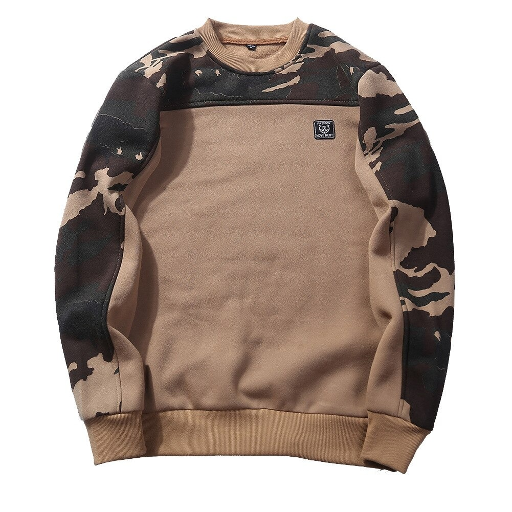 Men's military camouflage sweatshirt in beige and dark green, perfect for stylish casual wear.